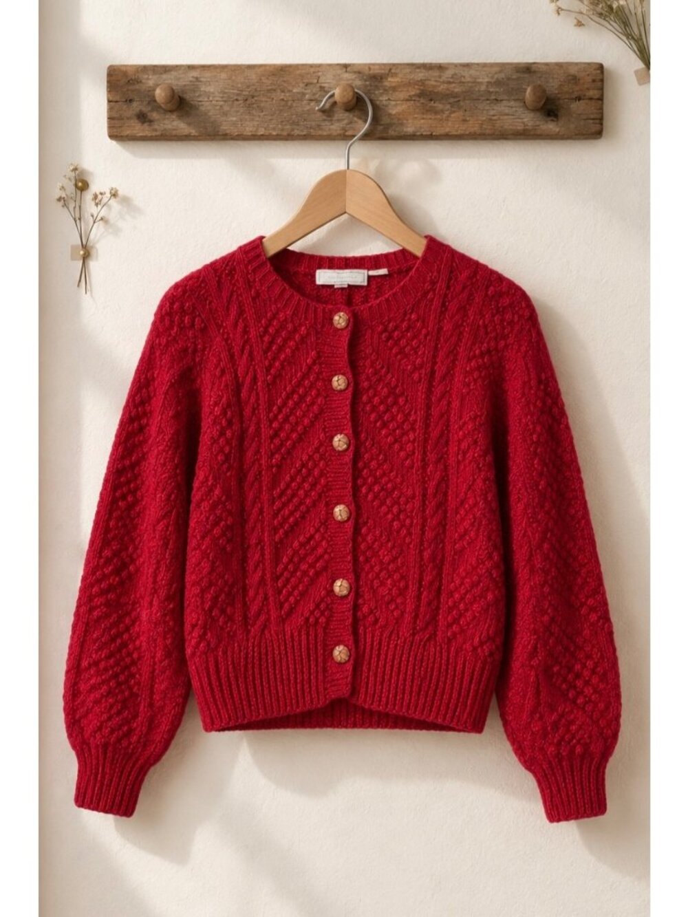 Vintage 100% Wool Chunky Cable Knit Cardigan P Buttons Cottage Folk Red